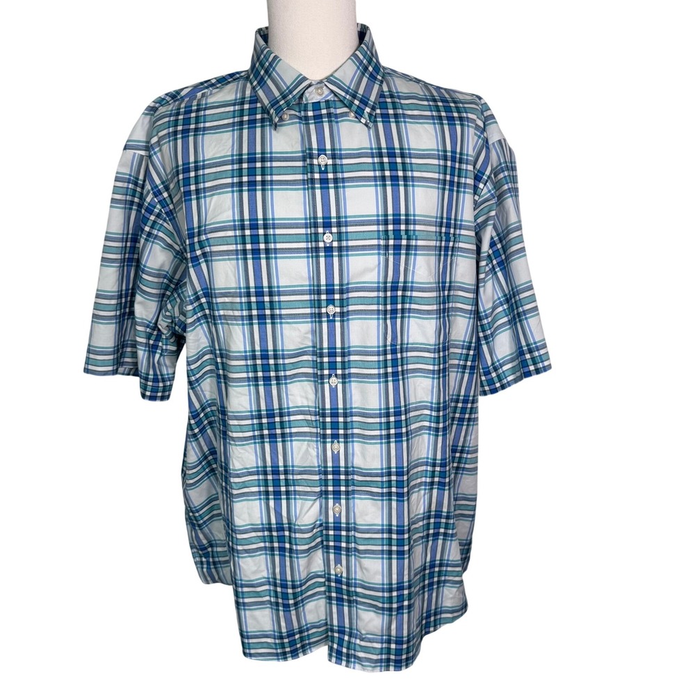 JOS. A. BANK Men's XXL Blue White Plaid Traveler Short Sleeve‎ Button Down Shirt